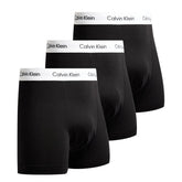 Three pairs of black Calvin Klein boxer briefs arranged in a staggered stack, showing the white branded waistbands against a light gray background.