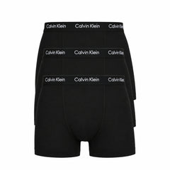 Three pairs of Calvin Klein black boxer briefs on a white background