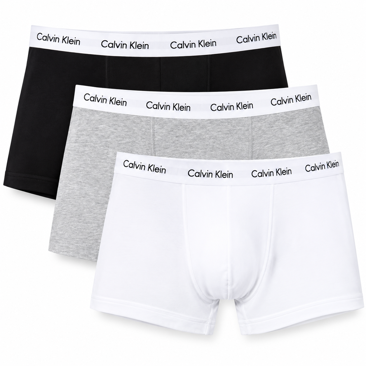 Three pairs of Calvin Klein men's boxer briefs in black, heather gray, and white, arranged in a diagonal stack on a plain white background.