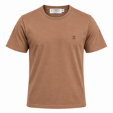 A short-sleeve crewneck t-shirt in a warm tan or camel brown color, featuring a small dark embroidered 'Z' logo on the left chest. The shirt is displayed flat against a solid white background, with a visible brand label inside the collar reading 'ZUNDOOZ'.