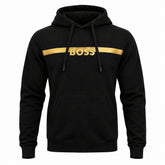 A black Boss men's hoodie with the brand name 'BOSS' written in gold lettering across the chest.