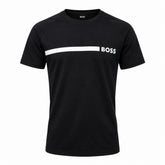 A Boss men's beachwear crew neck t-shirt in black with a white band and the 'BOSS' logo on the chest.