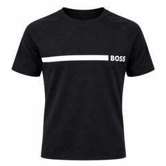 A black short-sleeve athletic t-shirt with a horizontal white stripe across the chest and the word 'BOSS' printed in white on the right side of the stripe, shown on a plain white background.