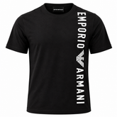 A black short-sleeve crewneck t-shirt with a large white vertical 'EMPORIO ARMANI' logo and eagle emblem printed on the right side of the chest, shown on a plain white background.
