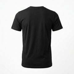 A black short-sleeve crewneck t-shirt shown from the back, displayed on an invisible mannequin against a plain white background.