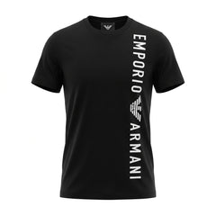 A black short-sleeve crewneck t-shirt featuring a large white vertical 'EMPORIO ARMANI' logo and eagle emblem printed on the right side of the chest, displayed on a clean white background.