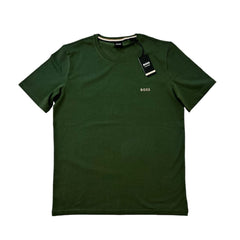 A dark green short-sleeve crewneck t-shirt by Hugo Boss, featuring a small gold BOSS logo on the left chest and a black hangtag attached to the collar, displayed on a clean white background.