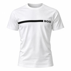 A white short-sleeve athletic t-shirt with a black horizontal stripe across the chest and the word 'BOSS' printed in black next to it, shown on a plain white background.