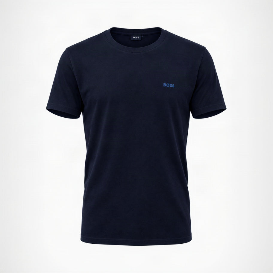 A navy blue Boss men's homewear T-shirt displayed on a mannequin, featuring a crew neck and short sleeves with the Boss logo embroidered on the chest.