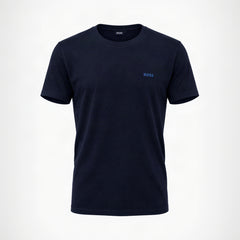A navy blue Boss men's homewear T-shirt displayed on a mannequin, featuring a crew neck and short sleeves with the Boss logo embroidered on the chest.
