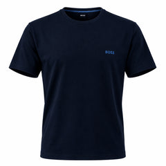 A dark navy blue short-sleeve crewneck t-shirt with a small light blue BOSS logo embroidered on the left chest, displayed on a clean white background.