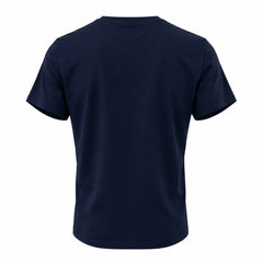 A dark navy blue short-sleeve crewneck t-shirt shown from the back, isolated on a solid white background.