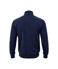 A navy blue long-sleeve quarter-zip track jacket shown from the back, featuring bright blue contrast stitching along the shoulders and collar, set against a plain white background.