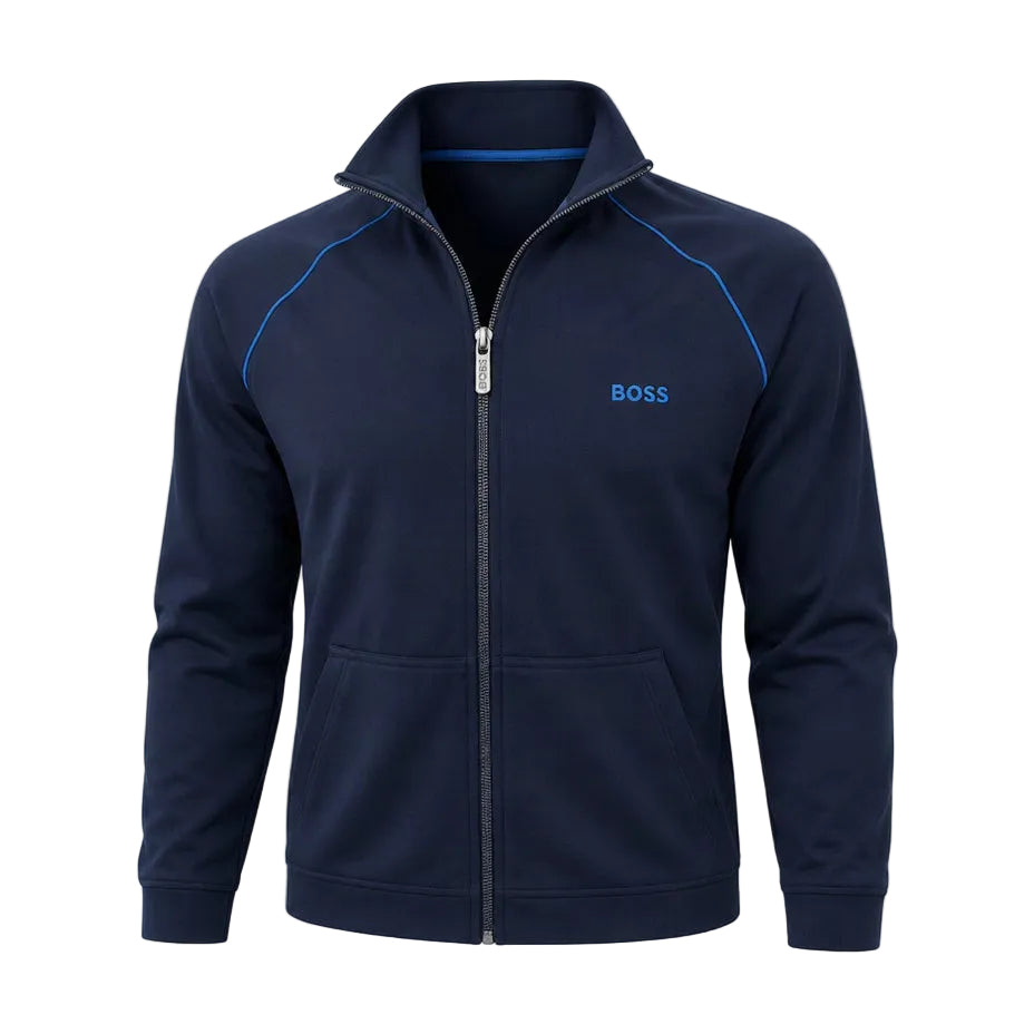 A navy-colored Boss Men's Homewear Zipper Jumper displayed on a mannequin. The jumper features a full zipper, long sleeves, and the 'BOSS' logo on the chest.
