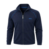 A navy-colored Boss Men's Homewear Zipper Jumper displayed on a mannequin. The jumper features a full zipper, long sleeves, and the 'BOSS' logo on the chest.