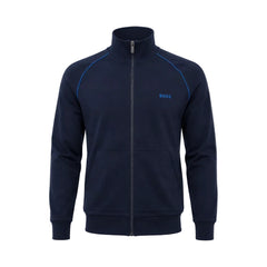 A navy blue zip-up track jacket with a stand collar, featuring thin blue piping along the shoulders and a small blue 'BOSS' logo on the left chest, displayed on a clean white background.