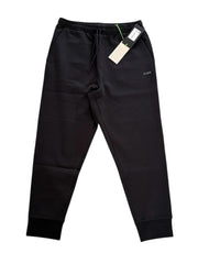 A pair of black track pants with a drawstring waistband, branded with the label 'BOSS'.