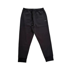 Black track pants with elastic waistband and drawstrings, featuring a small brand logo on the left thigh.