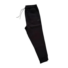 Black jogger sweatpants with an elastic drawstring waist and ribbed ankle cuffs, shown against a plain white background.