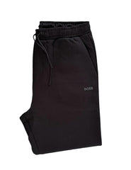 Black BOSS jogger sweatpants with an elastic waistband, black drawstring, and a small silver BOSS logo on the left thigh, shown against a plain white background.