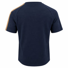 A navy blue short-sleeve athletic t-shirt shown from the back, featuring a contrasting tan stripe running along the left shoulder and sleeve.