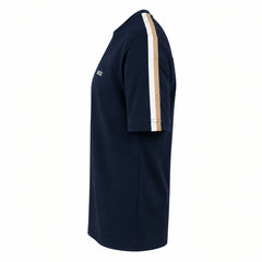 A Navy short-sleeve t-shirt shown from the side, featuring a vertical stripe on the sleeve in beige and white, with a small white logo on the chest.