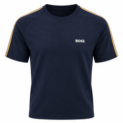 A navy blue short-sleeve athletic t-shirt with gold stripes along the shoulders and sleeves, featuring a white BOSS logo on the left chest, displayed on a clean white background.