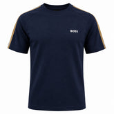 A navy blue Boss men's crew neck t-shirt on a mannequin. The shirt has the 'BOSS' logo on the chest.