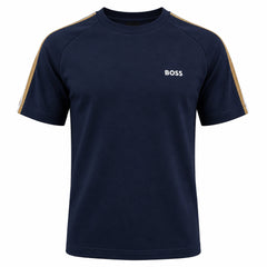 A navy blue Boss men's crew neck t-shirt on a mannequin. The shirt has the 'BOSS' logo on the chest.