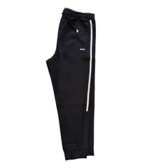 Black sweatpants with a white side stripe and a small white BOSS logo on the upper left thigh, shown against a plain white background.