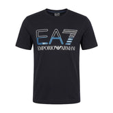 A black short-sleeved EA7 Emporio Armani T-shirt with a crew neck and large brand logo on the front.