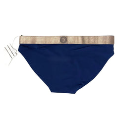 Navy blue swim brief with beige waistband on a white background