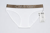 White Calvin Klein underwear with a brown waistband on a white background
