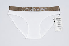 White Calvin Klein underwear with a brown waistband on a white background