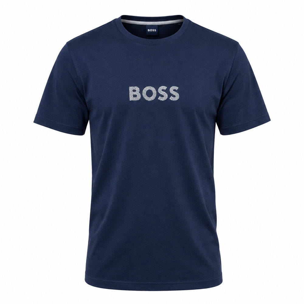 A navy blue Boss Men's Beach short sleeve T-shirt displayed on a mannequin.