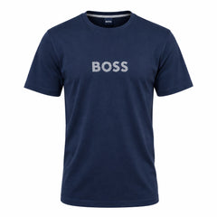 A navy blue Boss Men's Beach short sleeve T-shirt displayed on a mannequin.