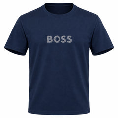A navy blue short-sleeve crewneck t-shirt with the word 'BOSS' printed across the chest in a textured silver glitter font, shown against a plain white background.