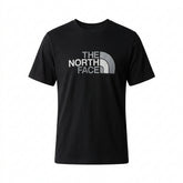 A black short-sleeve crewneck t-shirt featuring the gray and white 'THE NORTH FACE' logo printed on the chest, displayed against a solid white background.
