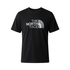 A black short-sleeve crewneck t-shirt featuring the gray and white 'THE NORTH FACE' logo printed on the chest, displayed against a solid white background.