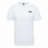 A white short-sleeve crewneck t-shirt by The North Face, featuring a small black logo on the left chest and a red and black neck label, displayed on a clean white background.