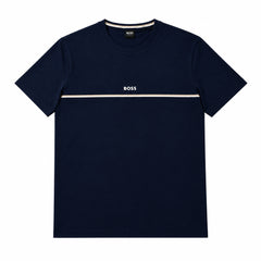 A navy blue short-sleeve crewneck t-shirt by BOSS, featuring a thin beige horizontal stripe across the chest with the white BOSS logo in the center.
