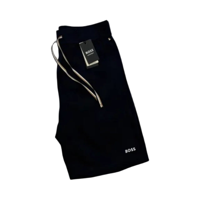 A pair of navy-colored Boss Unique men's home wear shorts with a drawstring waistband, displayed against a white background.