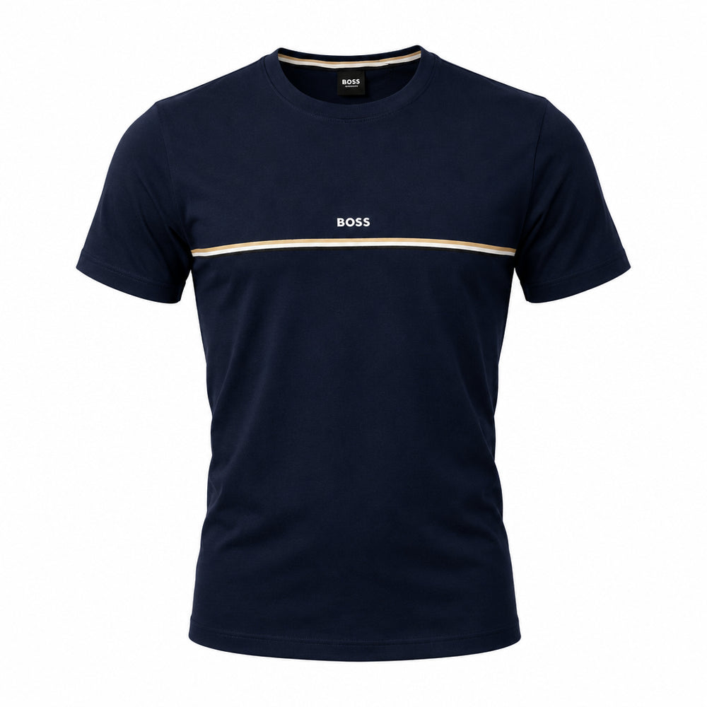 A navy blue short-sleeve crewneck t-shirt by BOSS, featuring a thin beige horizontal stripe across the chest with the white BOSS logo in the center.