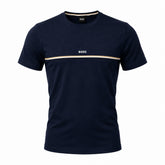 A navy blue short-sleeve crewneck t-shirt by BOSS, featuring a thin beige horizontal stripe across the chest with the white BOSS logo in the center.