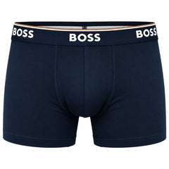 BOSS men's boxer briefs in dark navy blue, featuring a wide elastic waistband with the brand name 'BOSS' printed in white across the front.