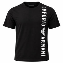 A black short-sleeve crewneck t-shirt with a large white vertical 'EMPORIO ARMANI' logo and eagle emblem printed on the right side of the chest, shown on a plain white background.