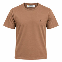 A short-sleeve crewneck t-shirt in a warm tan or camel brown color, featuring a small dark embroidered 'Z' logo on the left chest. The shirt is displayed flat against a solid white background, with a visible brand label inside the collar reading 'ZUNDOOZ'.