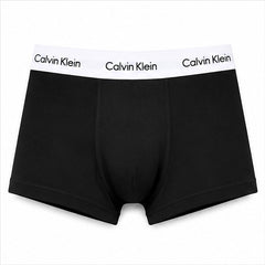 Calvin Klein black boxer briefs with a white waistband featuring the brand name printed in black.