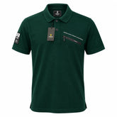 ZUNDOOZ London dark green short-sleeve polo shirt with a zipped chest pocket, front view on a white background.