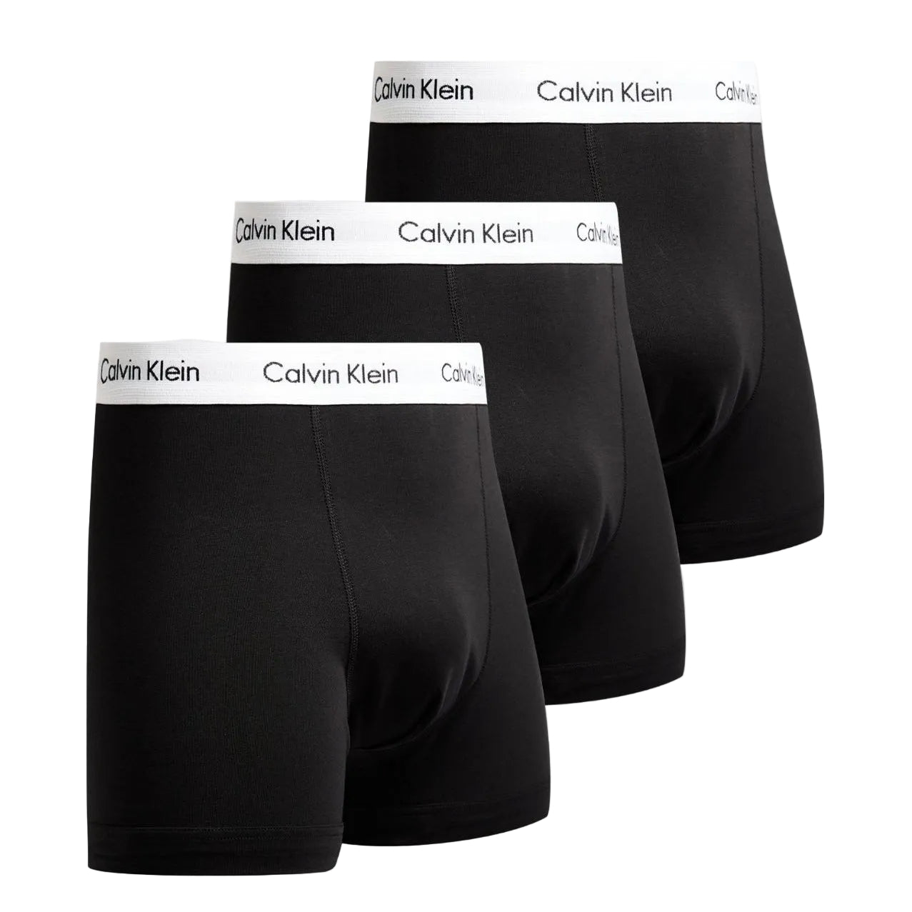 Three pairs of black Calvin Klein boxer briefs arranged in a staggered stack, showing the white branded waistbands against a light gray background.